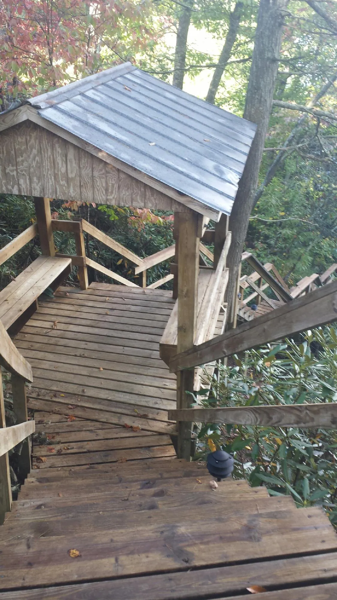 Metal roofed shelter over wooden steps on a wooded walkway — Skylight Repair & Installation work by our crew in Batavia